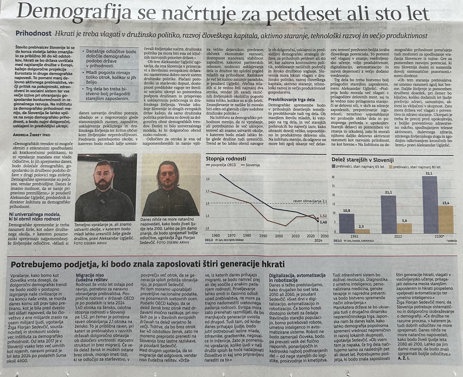 Časopisni članek Dela o Inštitutu za demografsko prihodnost z naslovom Demografija se načrtuje za petdeset ali sto let