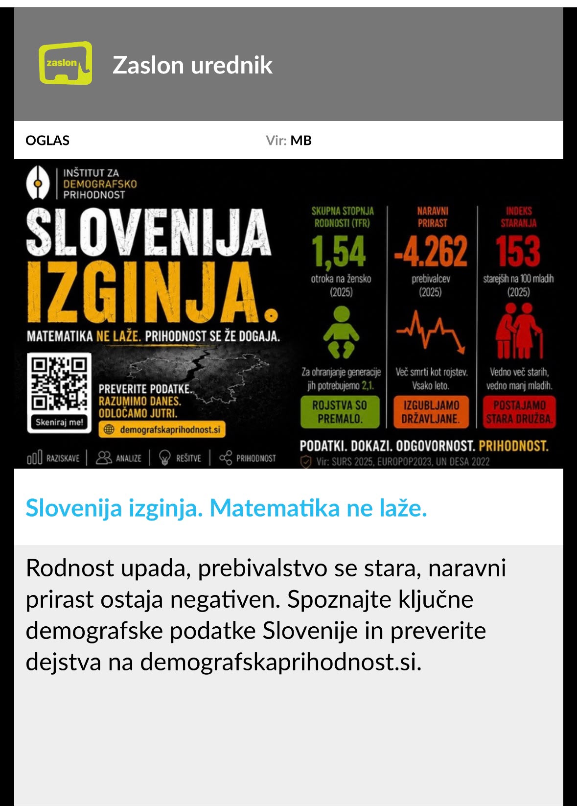 The first Institute for Demographic Future advertisement in the ZASLON system