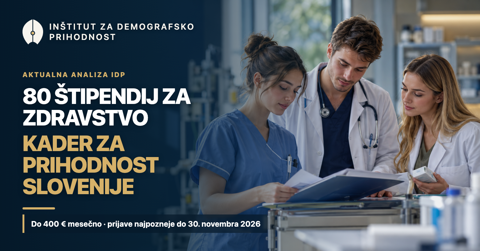 Mladi zdravstveni kadri ob naslovu 80 štipendij za zdravstvo – kader za prihodnost Slovenije in uradnem znaku Inštituta za demografsko prihodnost